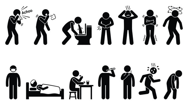 Black stick figure vector illustration showing various symptoms of human illness and medical health conditions