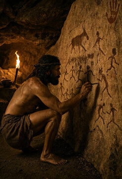 Cave artist painting prehistoric art on stone wall, ancient human drawing, torch-lit cave setting, early human culture, primitive art creation process, anthropological historical research
