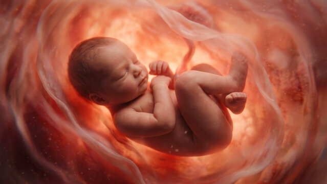 Human fetus in a womb, fetal development stages, prenatal growth and pregnancy process, in utero life, miraculous beginnings, parenthood and motherhood, new beginnings, family journey