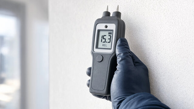 Moisture meter reading on wall, dampness detection in plaster, water intrusion assessment in building inspection, leak locating during renovation, mold risk evaluation, humidity diagnostics