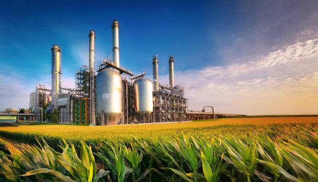 modern plant with distillation towers makes ethanol from crops like corn facility produces renewable fuel reducing carbon footprint for eco friendly future energy