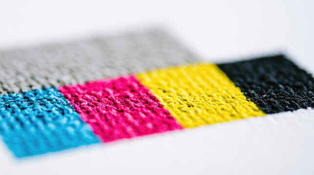 Color control bar print proof macro photography cyan magenta yellow black paper texture ink patch color patch coated paper texture detail blurred background