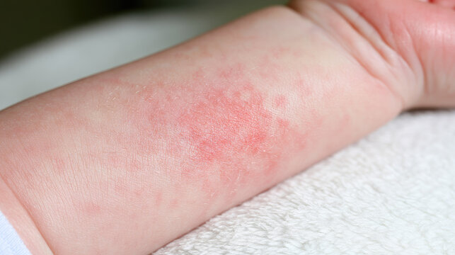 Baby arm eczema closeup dry skin patch soft daylight shallow depth of field white blanket copy space