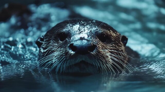 A sea otter with its head out of the water, swimming gracefully.