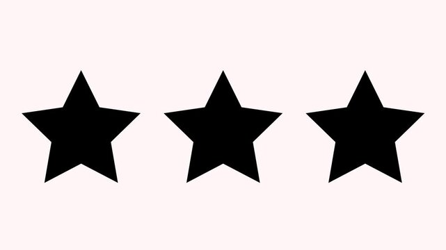 4k Glowing three star rating icon animated video ,animation video isolated on alpha channel background. Animated of 3 stars rating isolated on transparent black background.