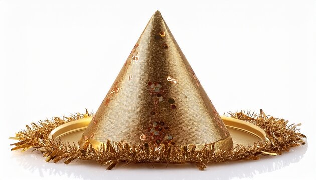 golden decorated birthday party hat isolated on white background