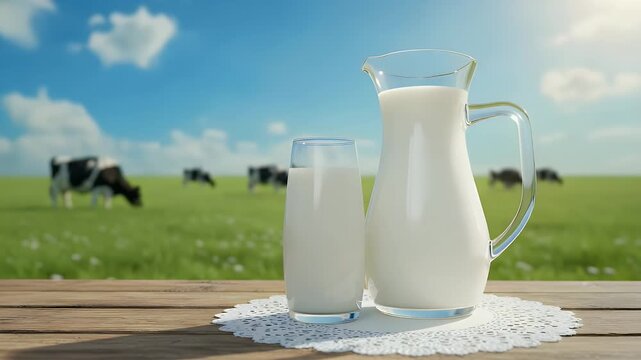 Refreshing glass of fresh milk served with a clear glass pitcher on a wooden table set against a sunny rural field with grazing cows nearby