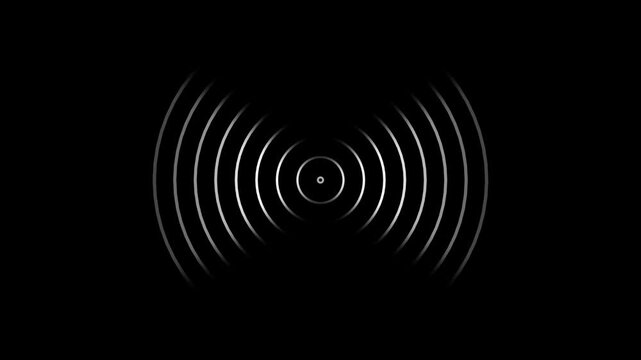 Concentric red glowing circles emanating outwards from a central point against a deep black background representing sound waves 4k