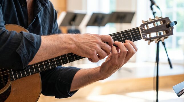 Musician playing an acoustic guitar with fingers pressing chords on the wooden fretboard