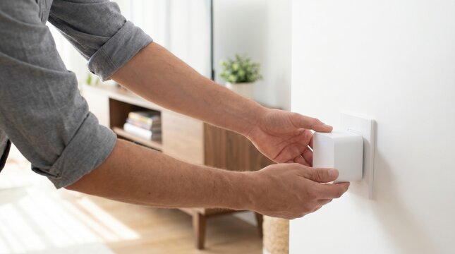 Person plugging a white smart home plug into a wall outlet