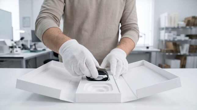 Person wearing white gloves packing a black smart watch into its retail box