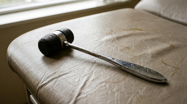 Medical reflex hammer resting on examination table surface 02