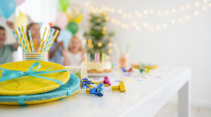 Fototapeta premium Party table with yellow plates, striped straws and polka dot blowers. Blurred children celebrating and cake with candles background. Happy birthday card concepts. Celebration banner with copy-space.