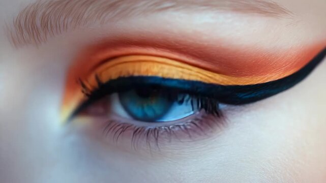 Close-up of an eye showcasing a vibrant and dramatic makeup look inspired by the colors of a sunrise or sunset.