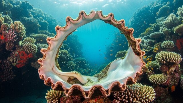 Giant Clam Shell Opens To Reveal Coral Reef Underwater Scene