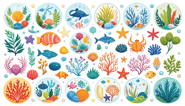 Colorful ocean stickers with sea creatures.