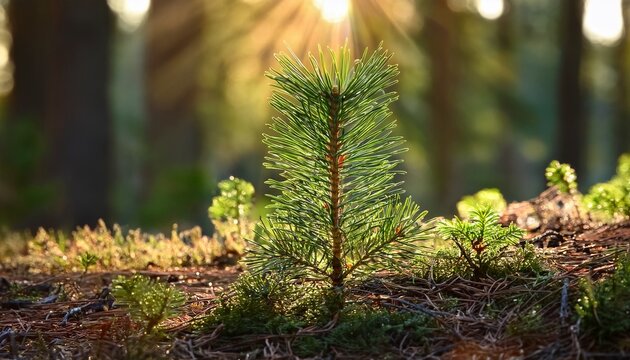 Small Evergreen Conifer Growing From The Forest Ground Green Needles Reaching Towards Sunlight Representing Themes Of Growth Resilience And The Beginning Of A Vibrant Ecosystem