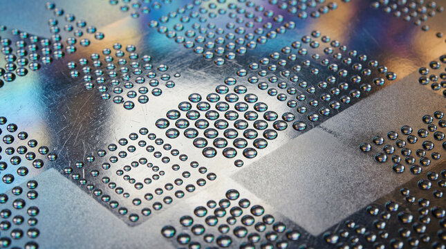 Close-up of metallic surface with patterned tiny water droplets, macro photography