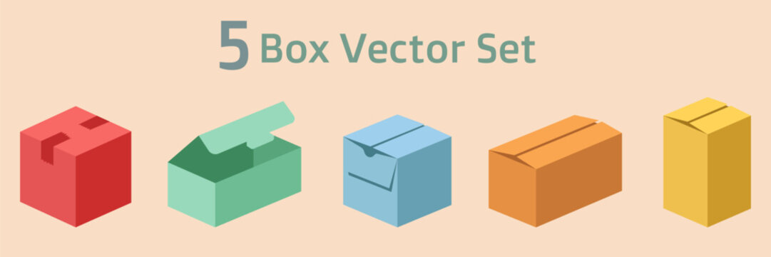 Set of 5 colorful isometric cardboard box vector icons, modern open and closed packaging mockups for delivery, shipping, warehouse logistics and ecommerce design.