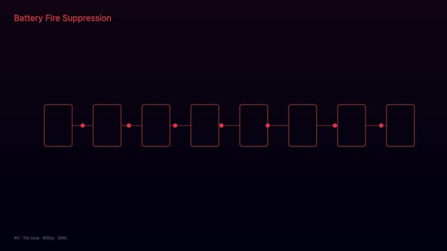 Battery fire suppression system process infographic animation for industrial safety and energy storage technology