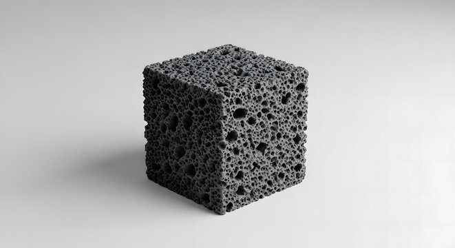 3D render of a dark gray porous cube with an organic sponge-like texture, featuring irregular holes and aerated surface, isolated on a light gray background with soft shadows.