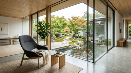 Fototapeta premium Modern living room with Japanese garden view, koi pond, and minimalist furniture