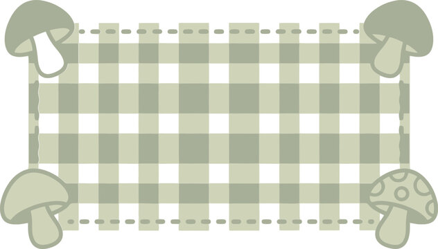 Cottagecore sage green gingham frame with mushrooms, aesthetic picnic blanket border vector, rustic checkered textile pattern background