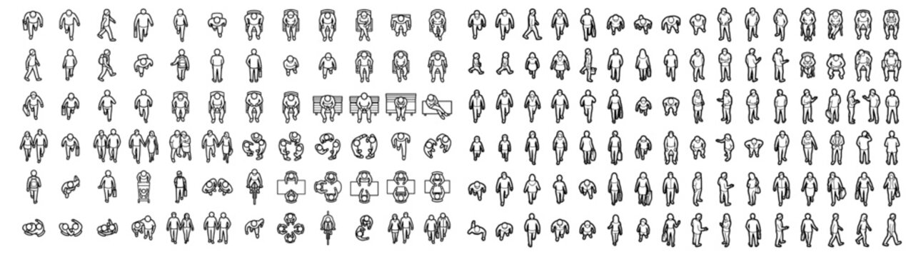 Top View People Figures CAD Floor Plan Outline Vector Set