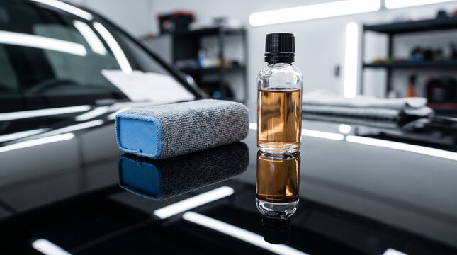 Car Ceramic Coating Bottle and Applicator Pad on Shiny Black Surface