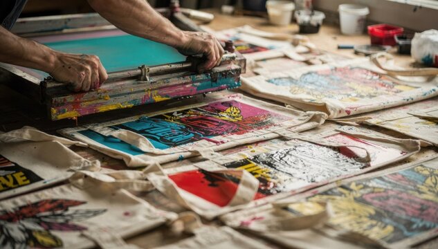 Creative medium shot capturing multicolor screen printing process on laidout tote bags highlighting vibrant ink application and detailed graphic layering.
