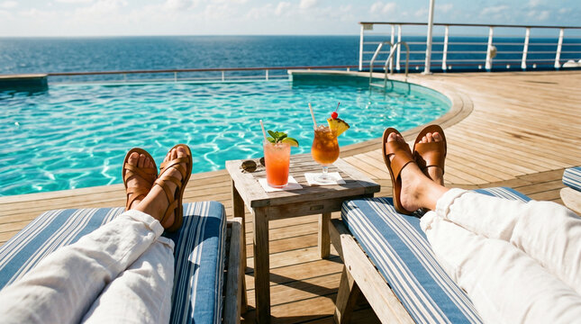 Couple relaxing by cruise ship pool with cocktails, ocean view, summer vacation lifestyle