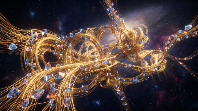 Abstract Golden Structure with Crystal Shards in Cosmic Nebula Background