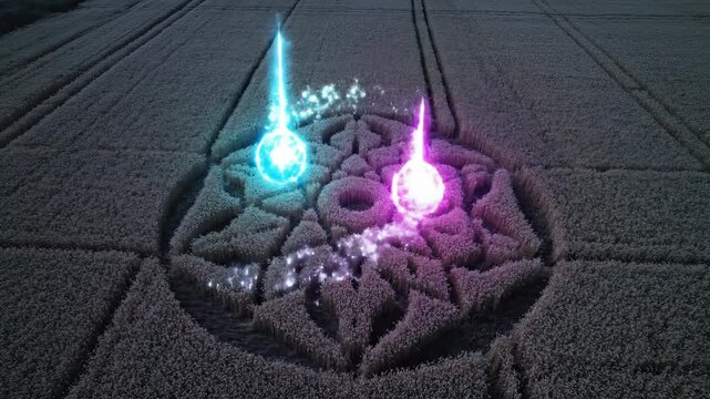 Glowing crop circle forming in wheat field with alien energy sparks. Perfect for sci-fi themes, mystery content, alien encounter visuals, and cinematic storytelling showcasing unexplained phenomena