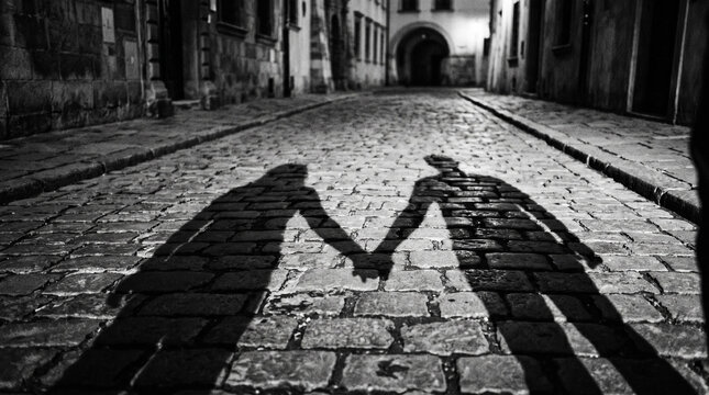 Couple holding hands shadow on cobblestone street at night, black and white