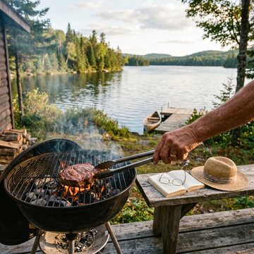 Man Grilling Steak Outdoors Lakeside Cabin with Book and Hat on Table