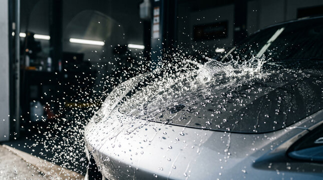 Silver Car Getting Washed with Water Splashing on Hood in Garage
