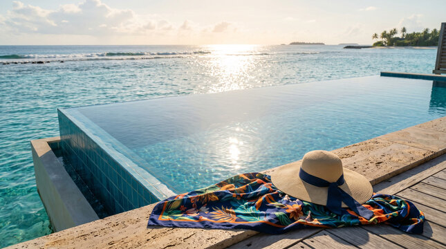 Luxury infinity pool overlooking ocean at sunset, tropical resort vacation, straw hat and sarong