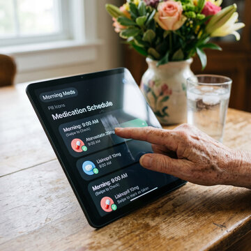 Elderly hand using tablet for medication schedule app, healthcare concept