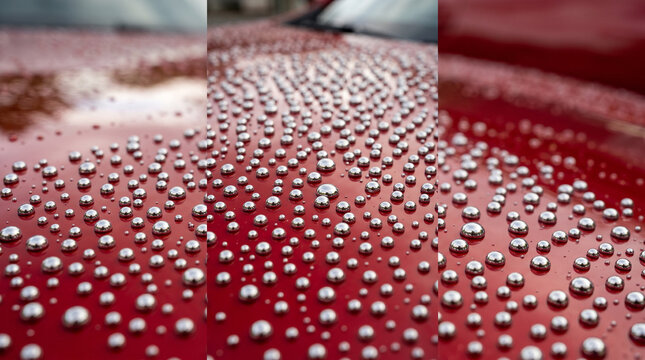 Macro Closeup Of Water Droplets Beading On A Shiny Red Car Surface