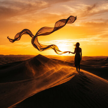 Woman with flowing fabric on desert dunes at sunset, dramatic sky, wind