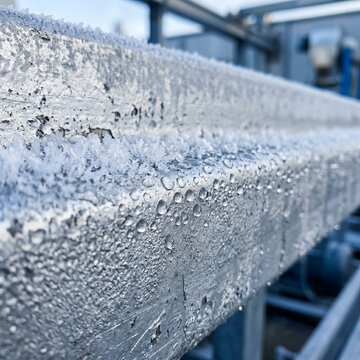 Frozen metal surface with frost and water droplets, industrial background