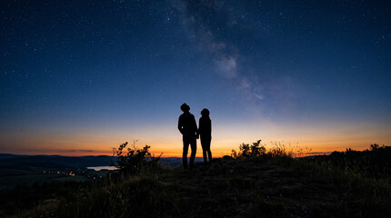 Fototapeta premium Couple Silhouettes Under Starry Night Sky and Milky Way, Romantic Evening