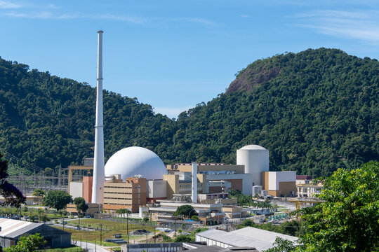 Angra I and Angra II nuclear power plants nestled between mountains and the sea. Angra dos Reis, Rio de Janeiro, Brazil.