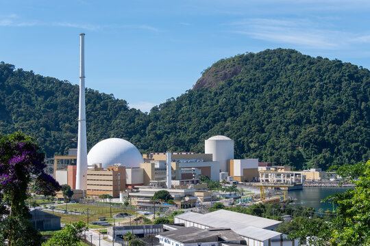 Angra I and Angra II nuclear power plants nestled between mountains and the sea. Angra dos Reis, Rio de Janeiro, Brazil.