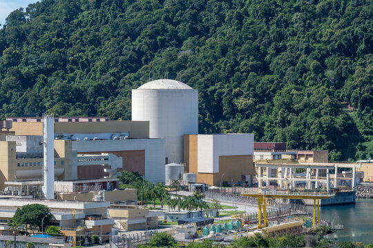 Angra I nuclear power plant nestled between mountains and the sea. Angra dos Reis, Rio de Janeiro, Brazil.