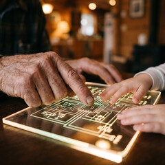 Fototapeta premium Grandfather and child exploring technology, interactive circuit board on table.
