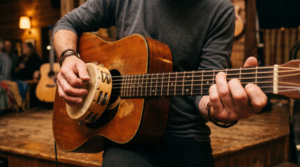 Obraz premium Musician playing acoustic guitar with tambourine attached, creating rhythmic folk music
