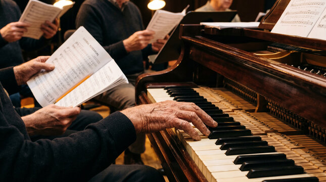 Choir practice, senior singers read sheet music while man plays organ