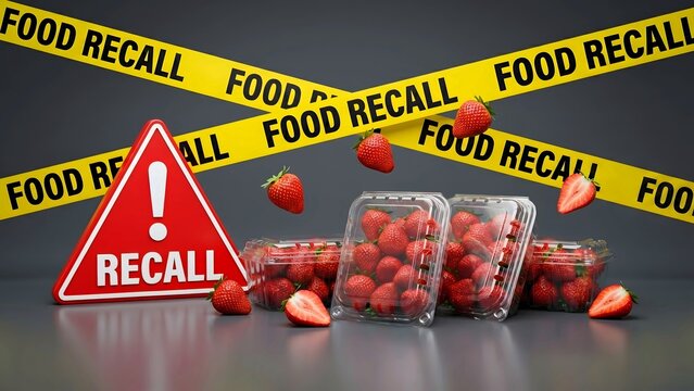 Food Recall Alert for Fresh Strawberries in Plastic Containers with Caution Tape and Warning Sign