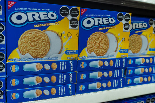 Villa de Alvarez, Colima. Mexico. June 14, 2026: Oreo vanilla flavor cookie boxes on supermarket shelf